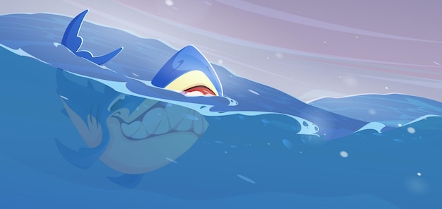 Tiburón en el mar Depredador de peces peligrosos nadar en las olas del océano Criatura submarina con cara enojada y dientes grandes y afilados Carácter animal de la vida silvestre marina para el juego de aventura Ilustración vectorial de dibujos animados