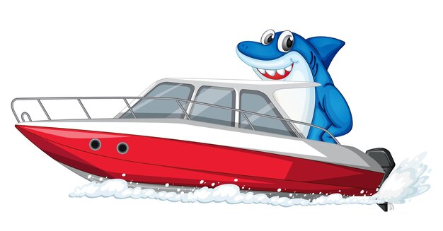 Tiburón en personaje de dibujos animados de lancha rápida sobre fondo blanco