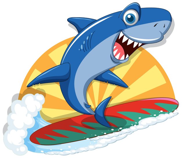 Tiburón en personaje de dibujos animados de tabla de surf