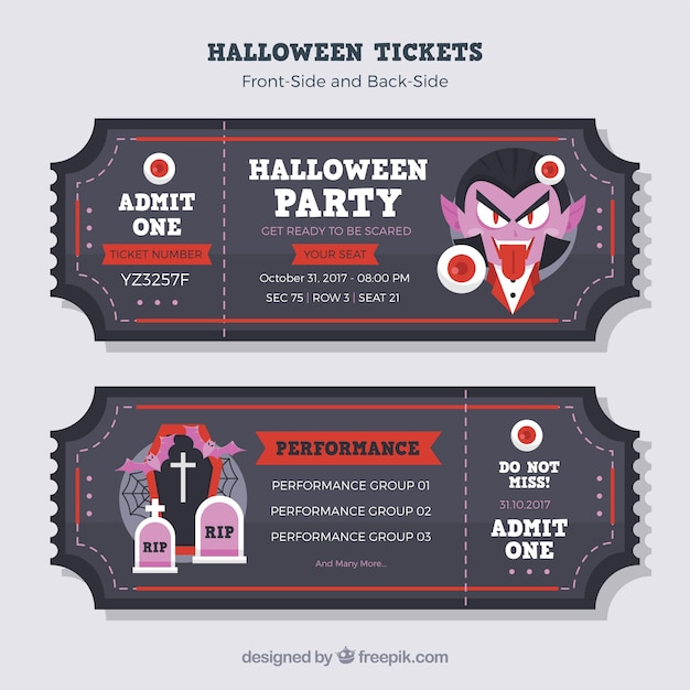 Vector gratuito tickets de halloween con vampiro y tumbas