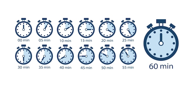 Tiempo de cocción, conjunto de iconos de contador de tiempo de 5 minutos a 1 hora. cronómetro temporizador reloj ilustración vector aislado sobre fondo blanco