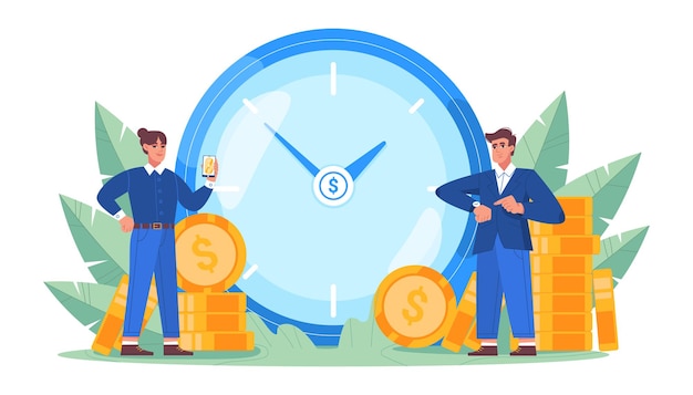 El tiempo es dinero. Inversión financiera en el futuro del mercado de valores y planificación de marketing del crecimiento del dinero con un gran reloj, monedas de oro y gente de negocios. Ahorre el concepto de tiempo en la ilustración de vector de estilo plano.