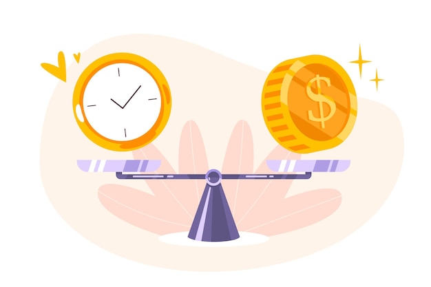 Vector gratuito el tiempo es saldo monetario en el icono de escala. concepto de gestión del tiempo, economía e inversión. comparación de trabajo y valor, beneficio económico. ilustración plana de vector de monedas, efectivo y reloj en balancín.