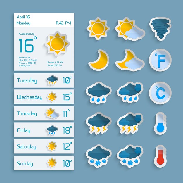 Tiempo extendido previsión papel informático decorativo widgets con nubes de sol lluvia y nieve iconos ilustración vectorial