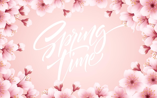 Tiempo de primavera hermoso fondo con flores de cerezo en flor de primavera. Rama de Sakura con pétalos voladores. Ilustración de vector EPS10
