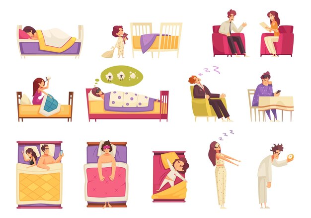 Tiempo de sueño establecido con símbolos de hora de acostarse ilustración vectorial aislada plana