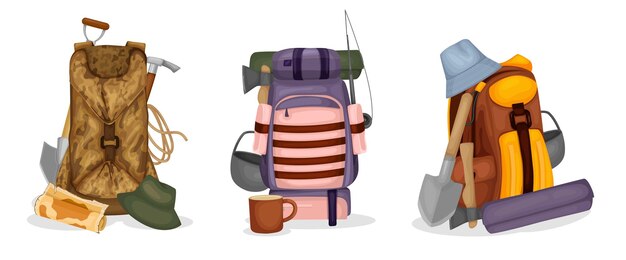 Tiempo de viaje conjunto plano de mochilas con tapete de viaje cuerda hacha pala utensilio turístico aislado ilustración vectorial
