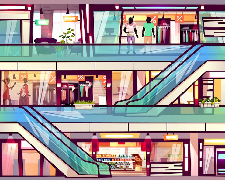 Vector gratuito tienda de la alameda con el ejemplo de la escalera de la escalera móvil.