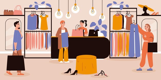 Tienda boutique de moda con ropa de moda ilustración vectorial plana
