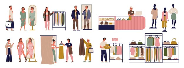 Tienda boutique de moda con ropa plana ilustración vectorial aislado