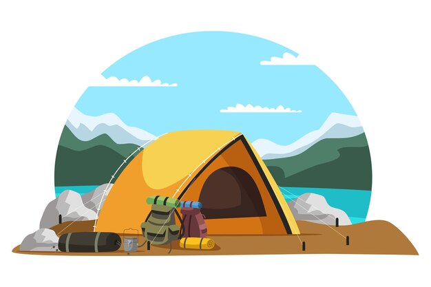 Tienda de campaña al aire libre con mochila Montaña y río bajo cielo nublado
