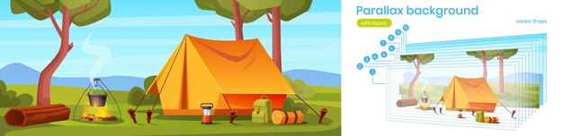 Tienda de campaña de fondo de paralaje con cosas turísticas en paisaje forestal 2d. Campamento de viajeros en la vista de la naturaleza con árboles verdes. Dibujos animados para animación con capas separadas, plantilla de Vector de escena de juego