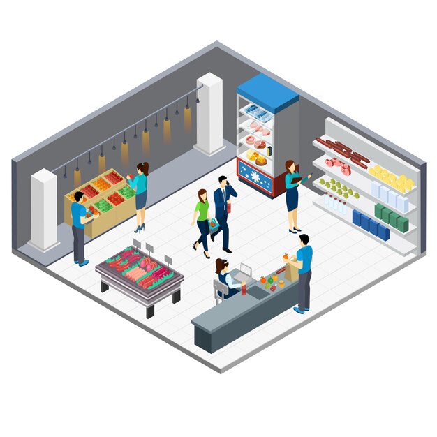 Tienda de comestibles isométrica interior