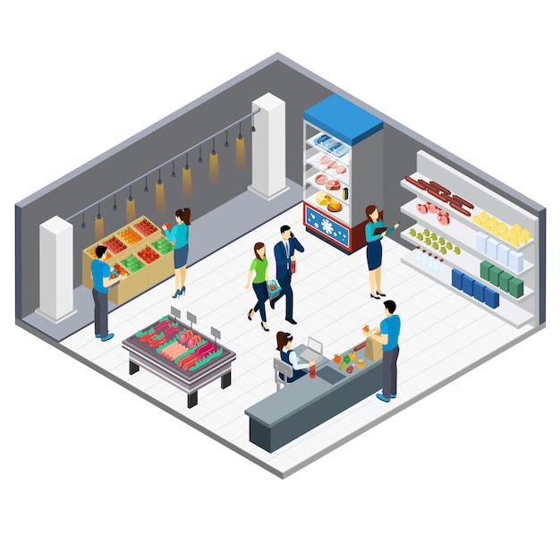 Tienda de comestibles isométrica interior