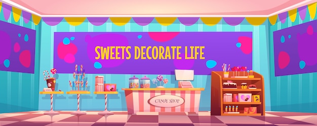 Vector gratuito tienda de dulces interior vacío con varios pasteles