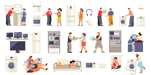 Tienda de electrodomésticos conjunto plano de iconos aislados personajes humanos imágenes de máquinas domésticas y aparatos ilustración vectorial