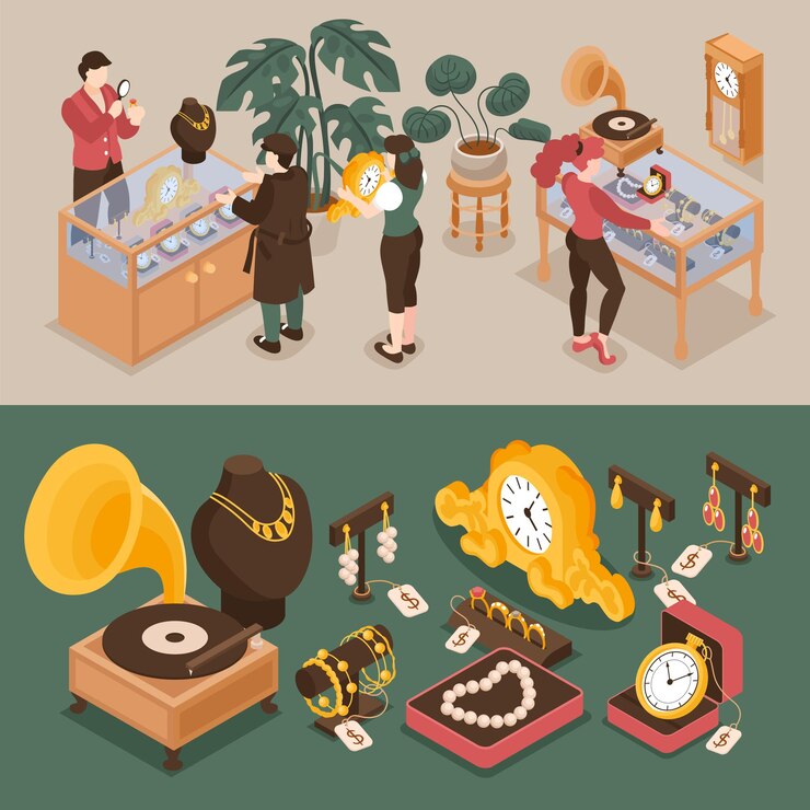Vector gratuito tienda de empeño pancartas horizontales isométricas con clientes y tasadores expertos, personajes, joyas y artículos de antigüedades.