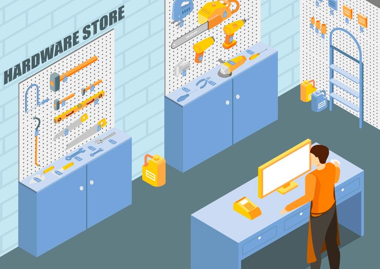 Vector gratuito tienda de herramientas de construcción con ilustración isométrica de ferretería