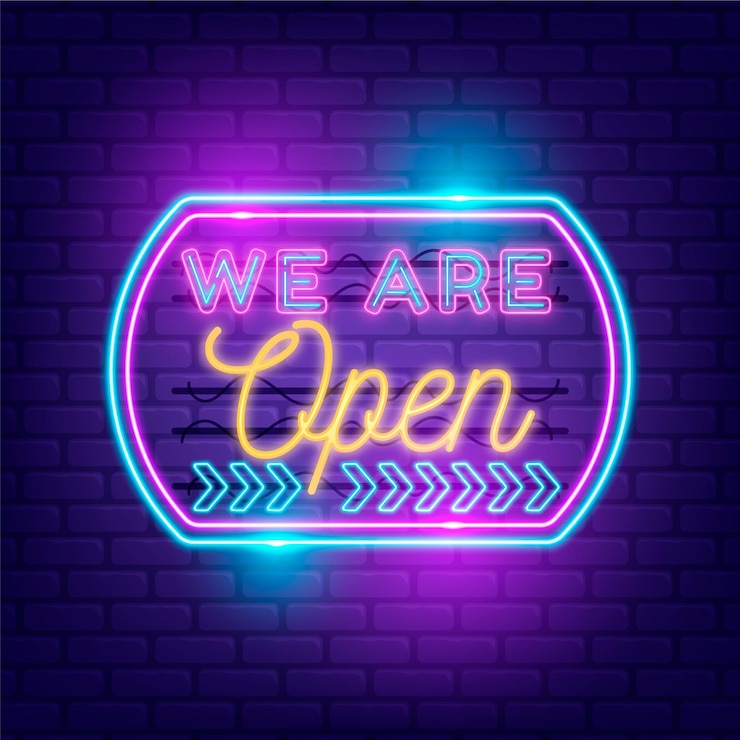 Vector gratuito tienda con el letrero " estamos abiertos " con luces de neón
