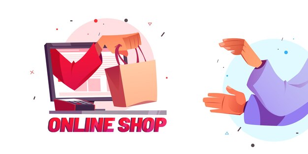 Tienda en línea cartel de dibujos animados mano dar bolsa de compras