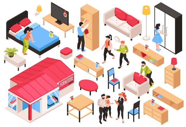 Tienda de muebles conjunto isométrico de compradores vendedores diseñadores y amplia variedad de muestras de muebles ilustración vectorial aislada
