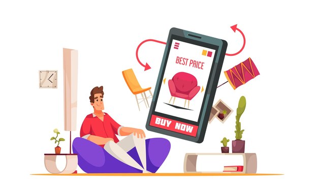 Tienda de muebles en línea mejor precio oferta gran pantalla de teléfono inteligente flotante frente a la ilustración de vector de dibujos animados del cliente