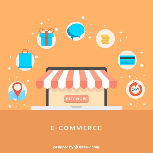 Tienda online e iconos de compras en diseño plano