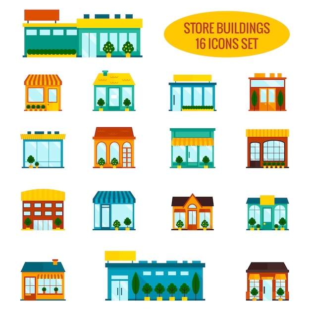 Vector gratuito tienda de la parte frontal de la tienda de iconos de los edificios conjunto de planos aislados ilustración vectorial