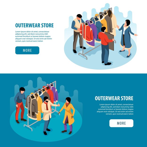 Tienda de ropa exterior isométrica conjunto de dos pancartas horizontales con texto editable más botones y personajes humanos ilustración vectorial