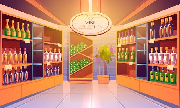 Tienda de vinos, interior de bodega con colección de bebidas alcohólicas, botellas en estantes de madera. almacene en el sótano del edificio con vid de uvas en macetas, piso de baldosas y lámparas de luz. ilustración de dibujos animados