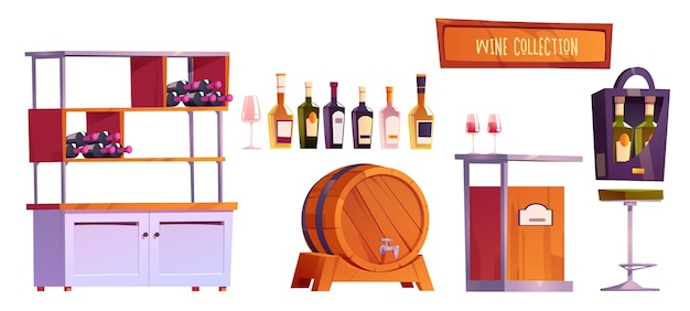 Vector gratuito tienda de vinos o objetos interiores de bar con botella