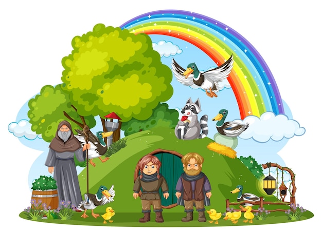Tierra mágica con personajes de dibujos animados medievales