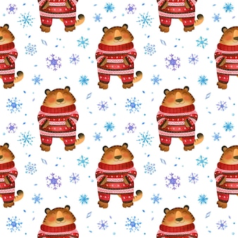 Tigre con cálidos pijamas navideños y copos de nieve de patrones sin fisuras símbolo del año nuevo 2022