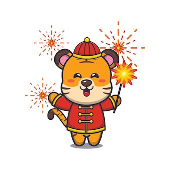 Tigre lindo en la ilustración de vector de dibujos animados de año nuevo chino