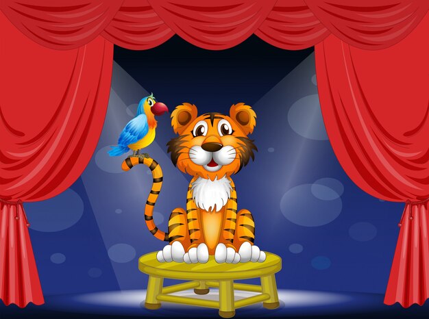 Un tigre y un loro en el circo.