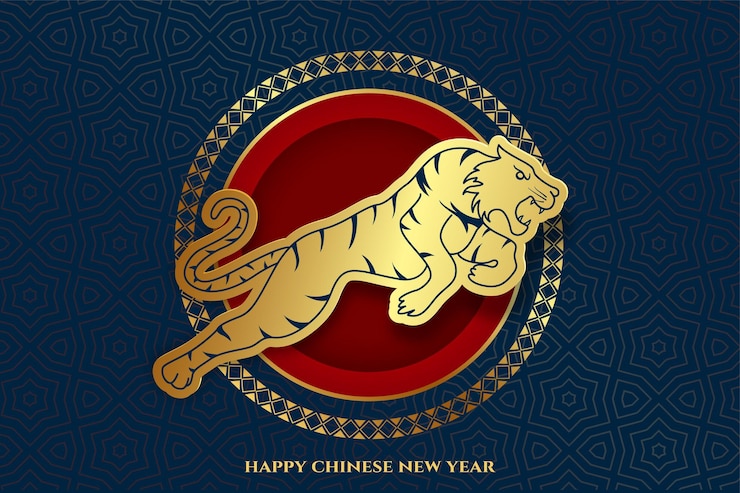 Vector gratuito tigre saltando rugiendo fondo de año nuevo chino tradicional