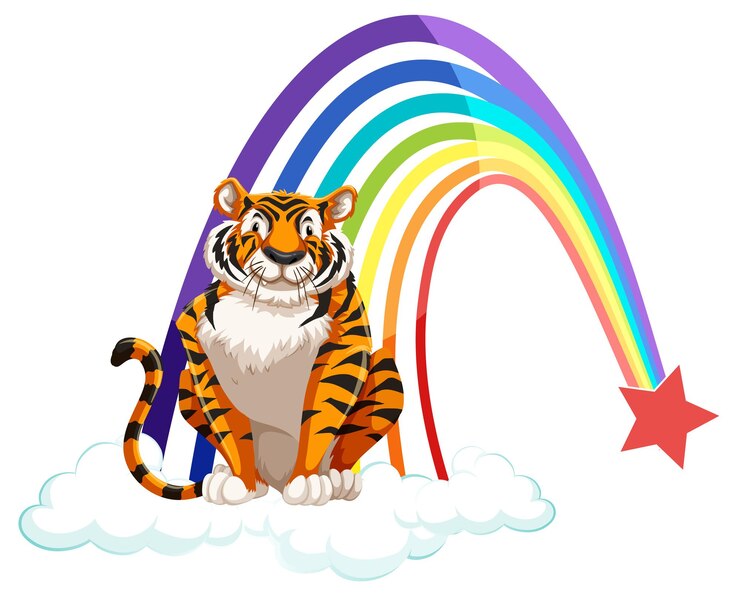 Vector gratuito un tigre sentado en la nube con arco iris sobre fondo blanco.