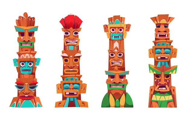 Tiki máscara poste tótem tribal vector dibujos animados icono conjunto africano luau cara madera signo para la playa tropical fiesta decoración mexicano ceremonial aislado guerrero sonrisa cabeza estatua diseño colección