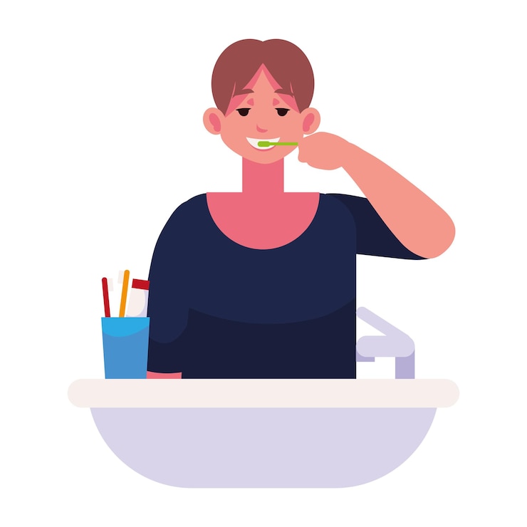 Vector gratuito tipo cepillándose los dientes en la ilustración del baño