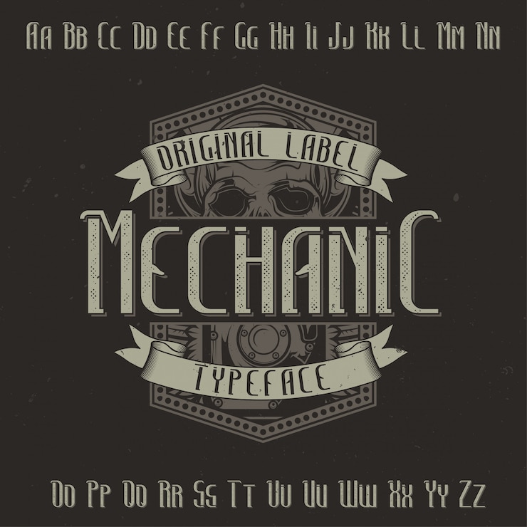 Vector gratuito tipo de letra de la etiqueta original denominada 'mechanic'. bueno para usar en cualquier diseño de etiqueta.