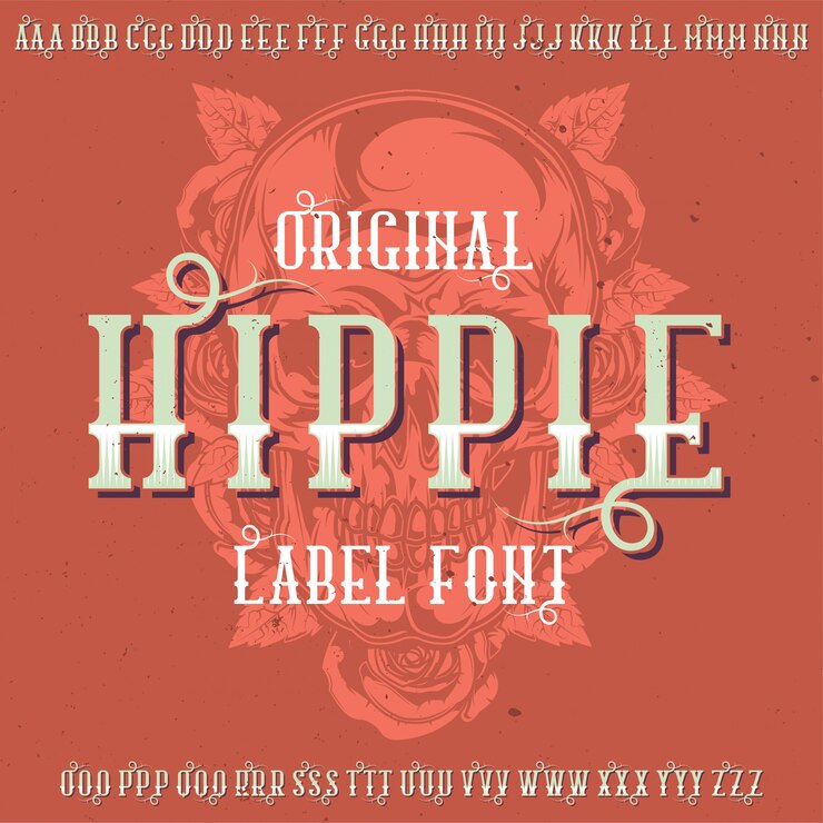 Vector gratuito tipo de letra original de la etiqueta denominada '"hippie". bueno para usar en cualquier diseño de etiqueta.