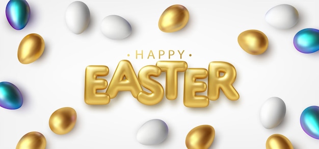 Tipografía brillante metálico dorado de moda moderna feliz pascua sobre un fondo de huevos de pascua. letras realistas en 3d para el diseño de volantes, folletos, carteles y tarjetas ilustración vectorial eps10