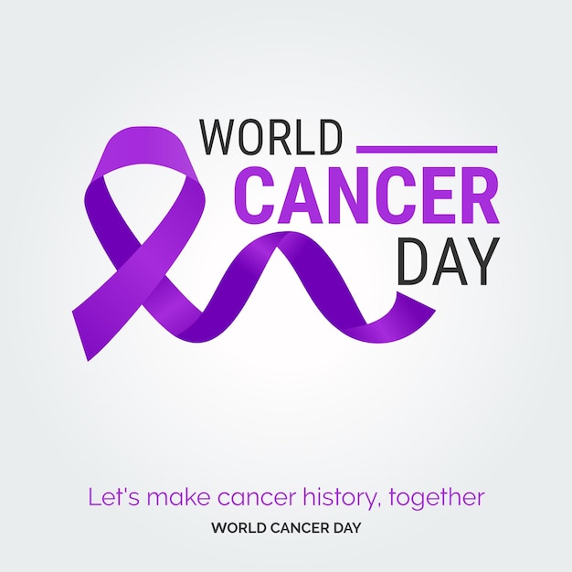 Vector gratuito tipografía de la cinta del día mundial contra el cáncer, hagamos juntos la historia del cáncer día mundial contra el cáncer