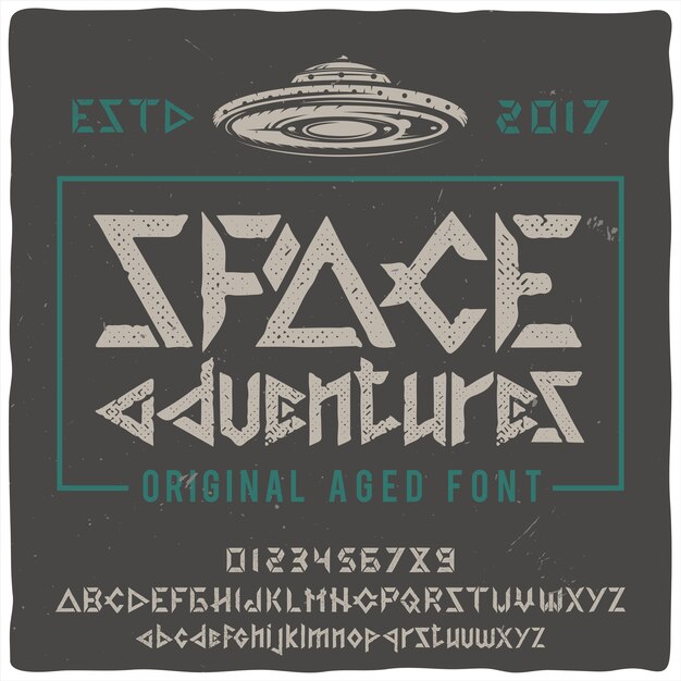 Tipografía de etiqueta vintage llamada "Aventuras espaciales" con ilustración del OVNI