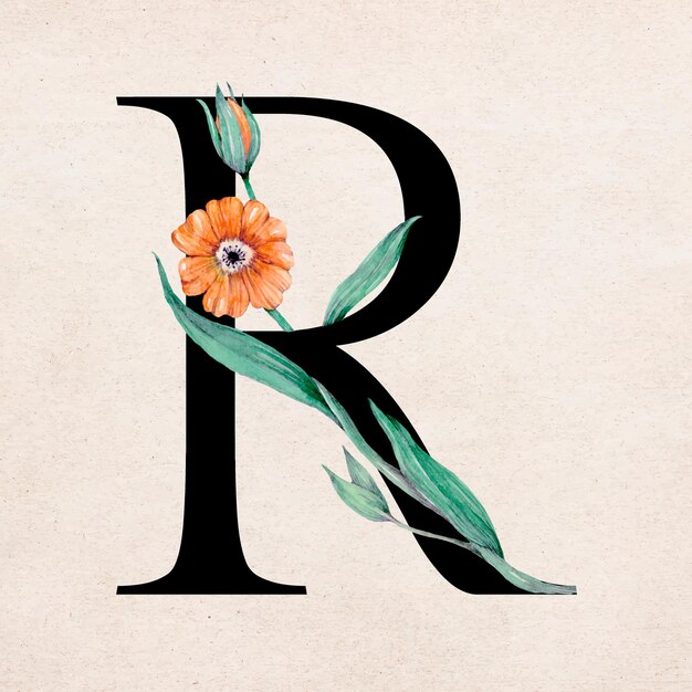 Tipografía romántica floral r letra fuente vector