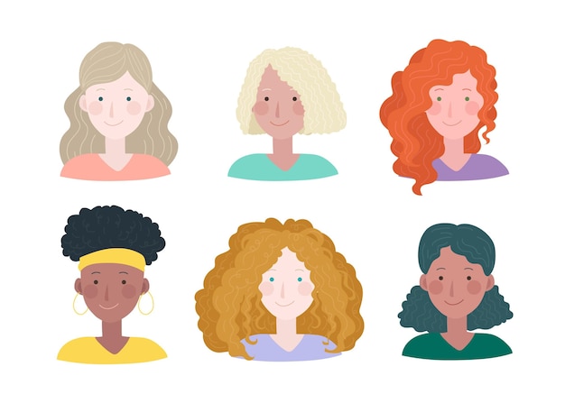 Tipos de cabello rizado dibujados a mano con mujeres.