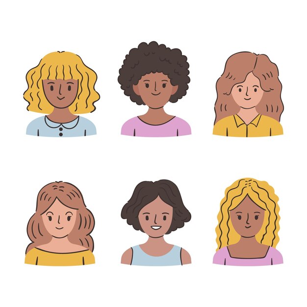 Tipos de cabello rizado dibujados a mano plana con mujeres