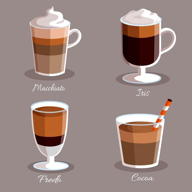 Vector gratuito tipos de café gradiente con leche y espuma.