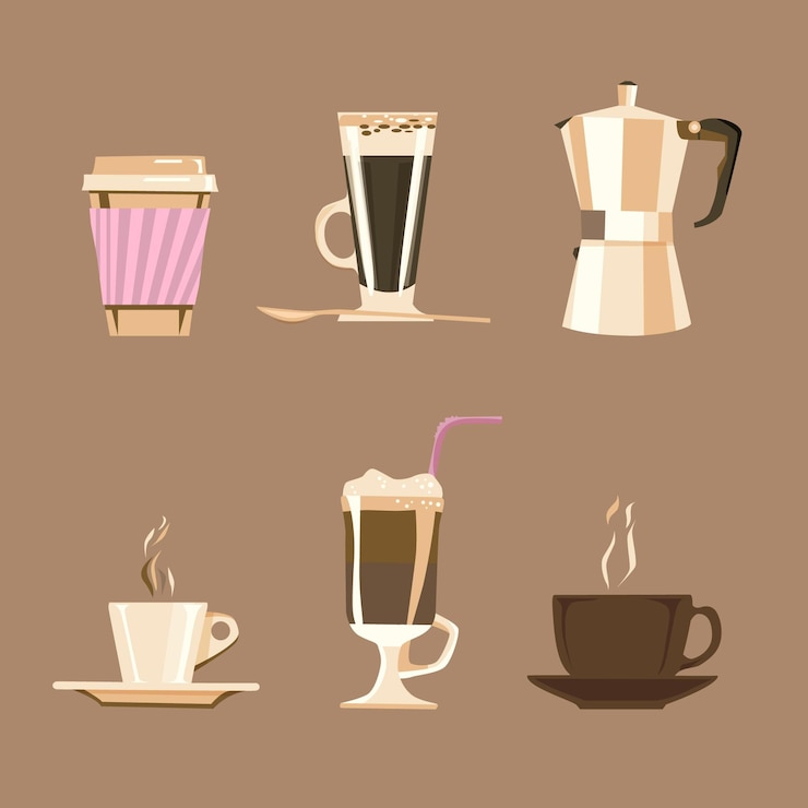 Vector gratuito tipos de café en tazas y molinillo.