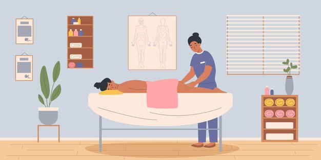 Tipos de composición plana de masaje con paisaje interior interior y masajista femenina frotando a los clientes hacia atrás ilustración vectorial